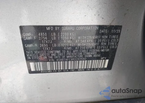 2024 Subaru Outback Premium z USA, uszkodzony, nr VIN 4S4BTAFC9R3202592